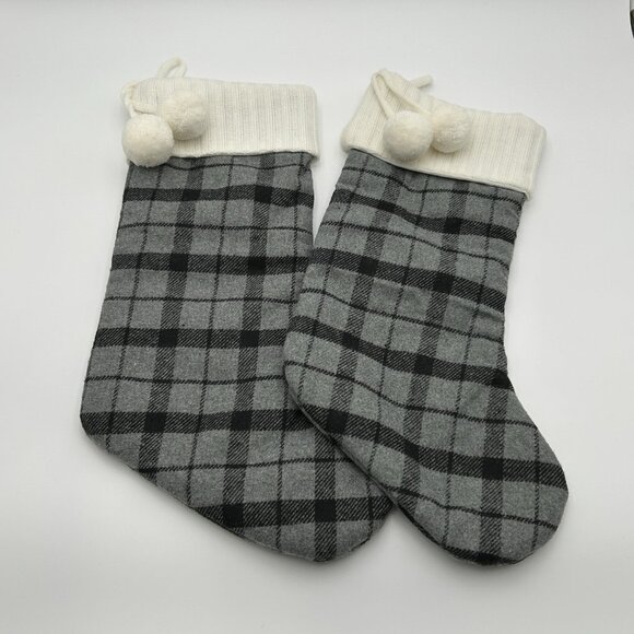 Pair of Joann's Black & White Plaid Christmas Stockings Knit Cuffs w Poms 18-19" - Picture 1 of 6